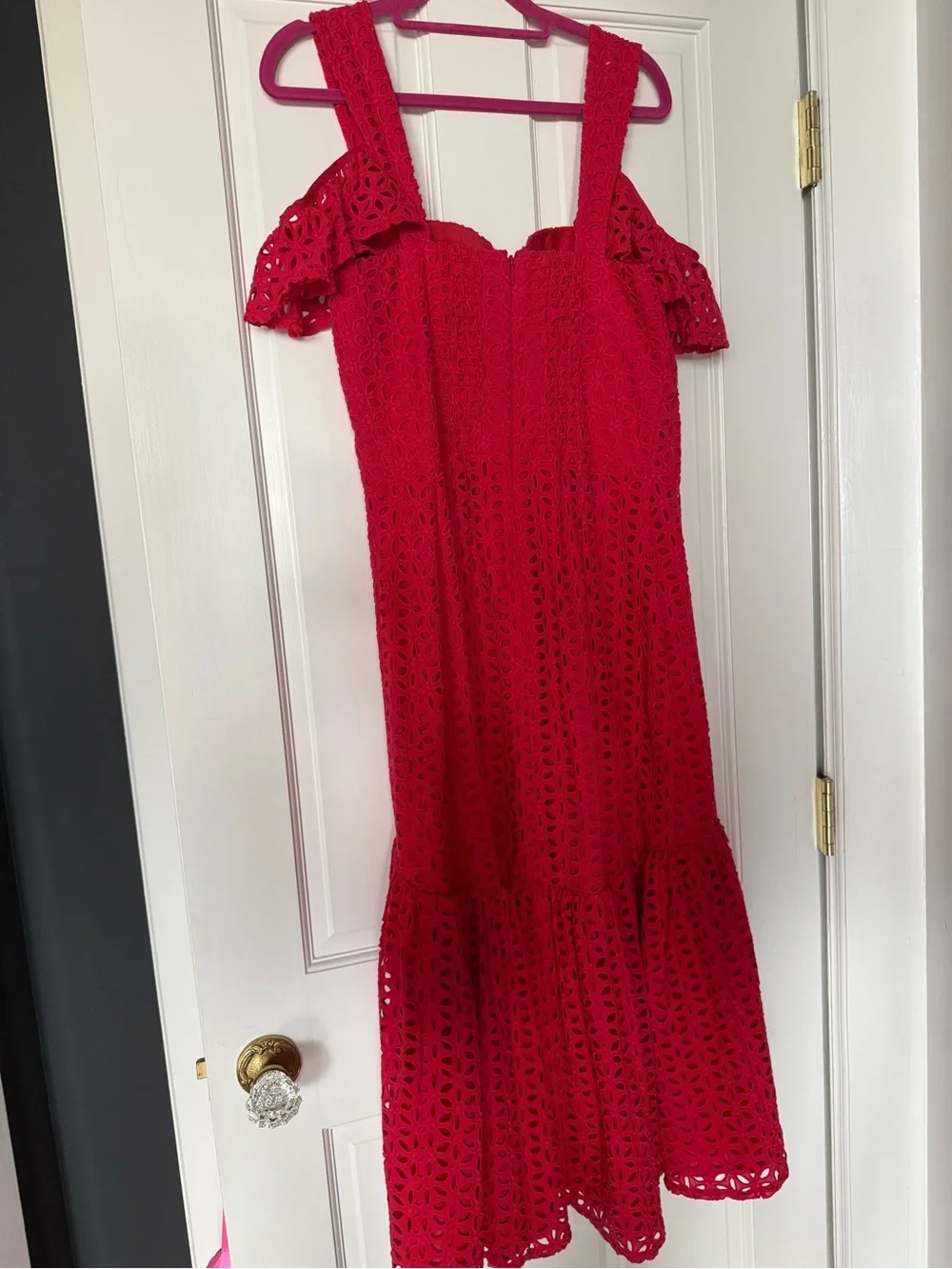 NADINE MERABI Julia Red Eyelet Midi Dress, Belt and Removable shoulder ruffles